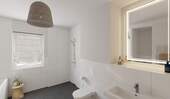 Modern gefliestes Bad mit bodengleicher Dusche und Badewanne - 