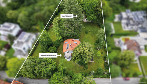 Luftbild - Starnberg - Söcking. Weitläufiges Parkgrundstück mit historischem Jagdschlösschen samt Gästehaus.