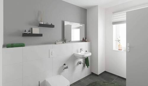 Modern gefliestes Gäste-WC im Erdgeschoss - 5 Zimmer Reihenmittelhaus in Langen