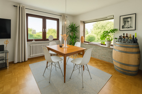 Helles Esszimmer mit Panoramablick ins Grüne - 