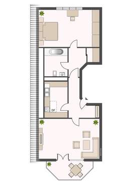 Küche mit tapezierten Wänden, hellem Fliesenspiegel und Vinylboden in Holzoptik. - 
