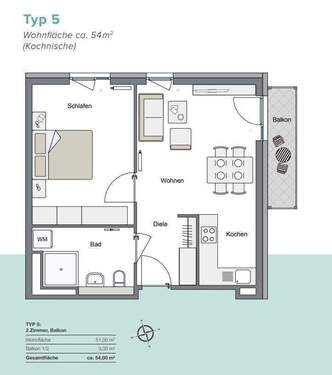 Typ 5_54 qm_2 Zi mit Terrasse_Balkon_Kochnische.jp - 