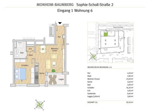 Monheim - Sophie-Scholl-Str 2 - Whg 1.6 - Etagenwohnung mit 62,00 m&sup2; in Monheim zur Miete