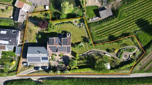 Vogelperspektive auf das Grundstück mit meditarranem Vorgarten, Teich, großer Wiese und vielen Details - 1 Zimmer Einfamilienhaus zum Kaufen in Vogtsburg i.K. / Bickensohl