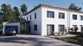 Visualisierung Außenansicht - Kamin an, Welt aus: Neue Doppelhaushälfte mit 154 m², Garage, Carport & Garten in ruhiger Lage
