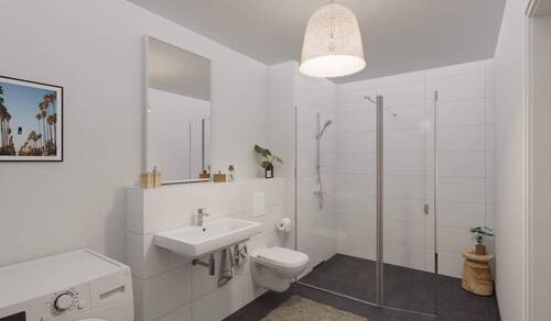 Modern gefliestes Badezimmer mit bodengleicher Dus - 
