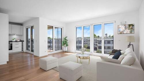 Wohnzimmer - Visualisierung - ROGERS: Familientraum für Eltern mit Kleinkindern: Dachgeschosswohnung mit Top-Energiewerten