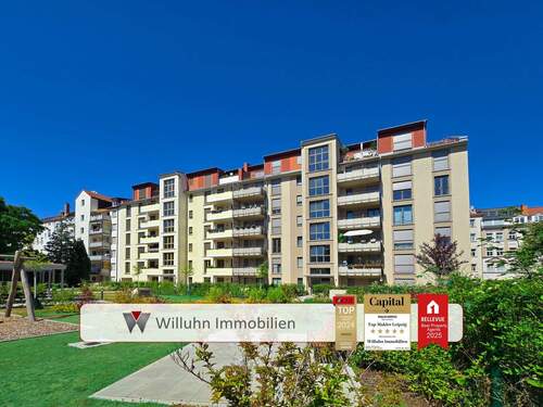 Gartenhof Blick auf Fassade - Erstbezug, Westloggia, offener Grundriss