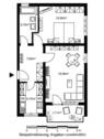 Grundriss mit Wohnzimmer (ca. 19,98 m²), Schlafzimmer (ca. 15,95 m²), Bad (ca. 5,7 m²), Küche (ca. 6,75 m²), Flur (ca. 7,65 m²) und Loggia (ca. 1,71 m²) - 