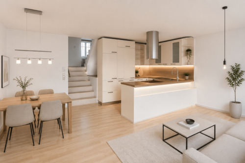 Wohn-, Ess-, Kochbereich visualisiert - 3 Zimmer Etagenwohnung in Unterschleißheim