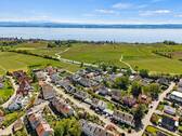 Luftaufnahme über den Ort, die Weinreben zum Bodensee - 