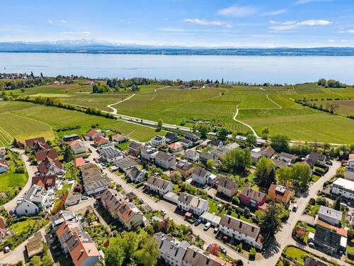Luftaufnahme über den Ort, die Weinreben zum Bodensee - 