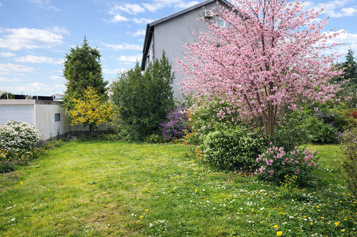 Frühling im Garten mit blühenden Bäumen - 