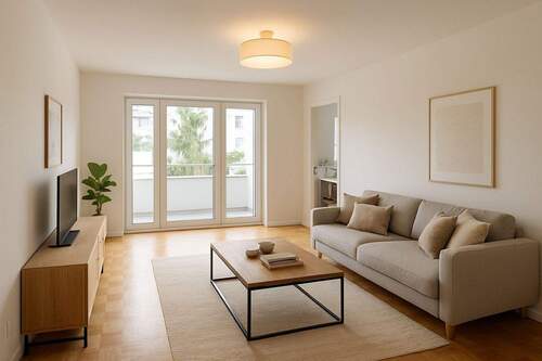 Wohnzimmer mit Blick z. Balkon - Gemütliche Einzimmerwohnung in zentraler Bestlage in der Maxvorstadt (keine Maklerprovision)