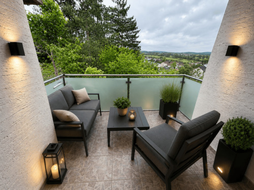 Große Südwestloggia mit neuem Milchglasgeländer - Freie und helle 3-Zimmer-Wohnung mit 2 Gartenanteilen, großer Terrasse & toller Südwestloggia, ca. 92,6 qm im EG