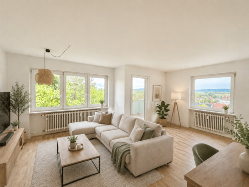 Wohn und Essbereich eingerichtet und Zugang Loggia - Terrassenwohnung in Dietersheim zum Kaufen