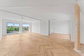 Wohnzimmer mit offener Küche - Traumhafte neue Dachgeschosswohnung, super hell, mehrere Terrassen, einzugsbereit