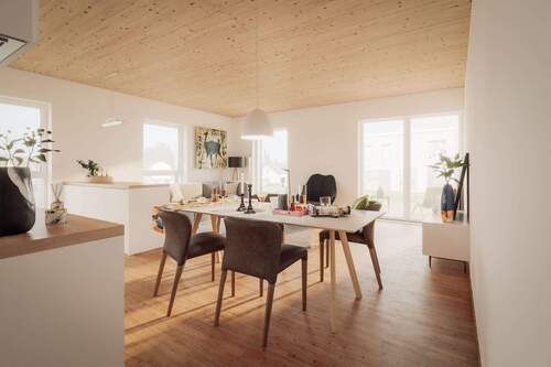 Lichtdurchflutetes Wohnzimmer mit Holzdecke - 3 Zimmer Etagenwohnung in Pentling