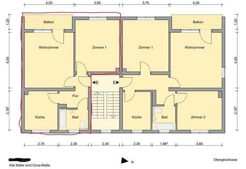 linke Wohnung rot umrandet - 