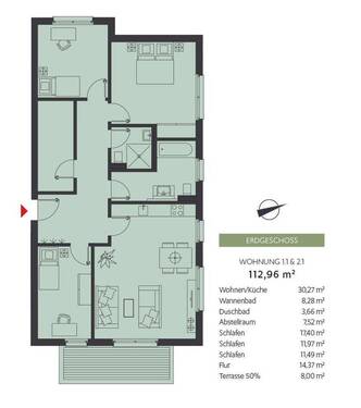 Grundriss mit Wohnflächen - 4 Zimmer Wohnung im EG mit Terrasse und Garten - Barrierefrei- im Bergquartier Bentwisch