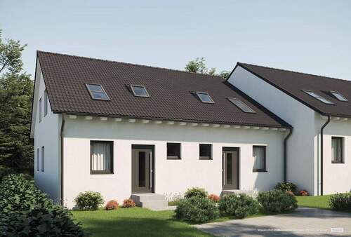 Straßenansicht (Rendering) - Ihr neues Zuhause im Grünen - Modernes Reihenendhaus nach KfW55