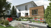 Einfamilienhaus-Flair-124-Kubus-Holz-Gartenansicht - Das Stadthaus zum Wohlfühlen mit Carport und Anbau.