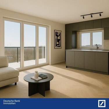 Offener Wohn- und Küchenbereich mit Blick auf die Dachterrasse - Modern wohnen, clever finanzieren! Weitblick Apartment!