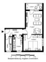Grundriss im 3. Obergeschoss mit ca. 47 m² Wohnfläche Wohn-/Essbereich, Küche, Flur, Bad und Schlafzimmer. - 2 Zimmer Etagenwohnung in Frankfurt am Main