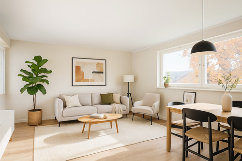 Einrichtungsbeispiel des Wohnzimmers (KI-generiert) - Lichtdurchflutete, unvermietete Wohnung mit 2 Balkonen und Tiefgaragenstellplatz