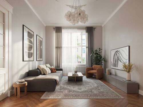 geräumiges, helles Wohnzimmer - Beispielmöblierung - Top-sanierte 4-Zimmer-Altbau-Wohnung nahe Botanischer Garten