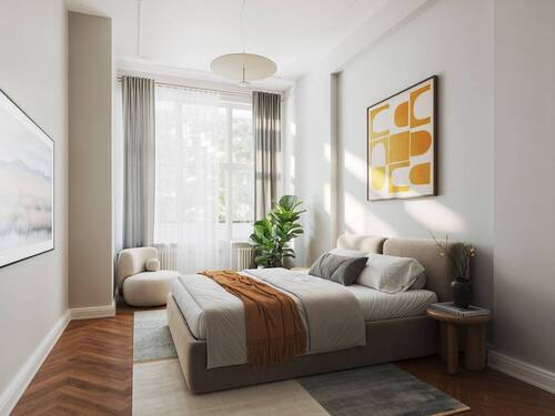Helles Zimmer mit Loggia in Richtung Garten - Beispielmöbierung als Schlafzimmer - 4 Zimmer Etagenwohnung in Berlin-Lichterfelde