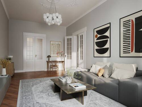 Wohnzimmer - Blick zum Flur - Beispielmöblierung - Etagenwohnung mit 126,00 m² in Berlin-Lichterfelde zum Kaufen