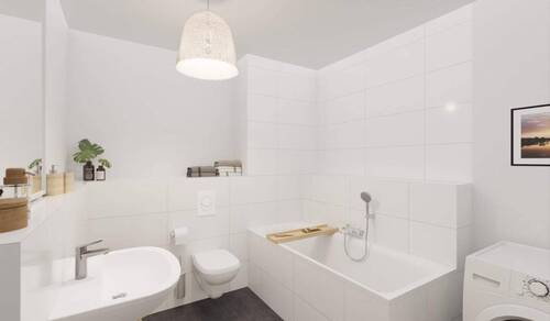 Modern gefliestes Badezimmer mit Badewanne - 