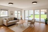 Wohnzimmer-Entwurf mit KI - Moderne 3-Zi.-Neubau-Wohnung in Blaubeuren-Asch