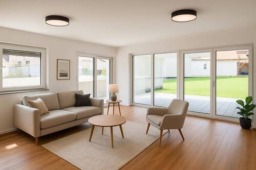 Wohnzimmer-Entwurf mit KI - Moderne 3-Zi.-Neubau-Wohnung in Blaubeuren-Asch