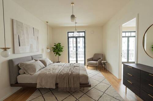 Schlafzimmer mit Einrichtungsbeispiel - Exklusives Neubau-Refugium in Potsdam: Stilvolle 2-Zimmer-Wohnung