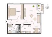 Grundriss im 5.OG links mit ca. 61 m² Wohnfläche, bestehend aus Wohn-/Ess-/Kochbereich, Flur mit kleinem Abstellraum, Bad und Schlafzimmer - 2 Zimmer Etagenwohnung zur Miete in Flörsheim