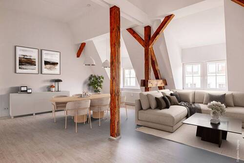 Wohn- und Esszimmer - 3-Zimmer-Dachgeschosswohnung in denkmalgeschütztem Gebäude
