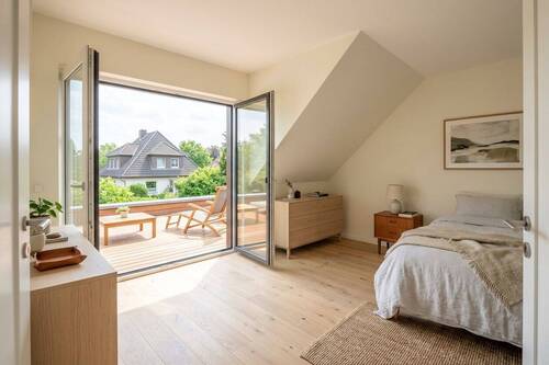 Gestaltungsvariante Schlafzimmer OG mit Zugang zur Dachterrasse (Ki-generiert) - 