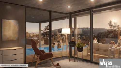 Blick vom Gästezimmer auf Pool - 