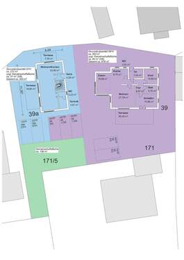 Aufteilungsplan, blaue Fläche betrifft das Baugrundstück - 