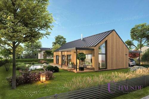 Bungalow 106 Außenansicht 1 mit Logo - Praktisches Raumwunder, barrierefreies Niedrigenergiehaus. Ihr neuer Lebensraum in Celle