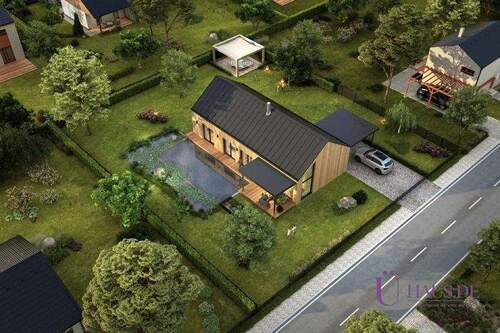 Bungalow 106 Außenansicht 5 mit Logo - 