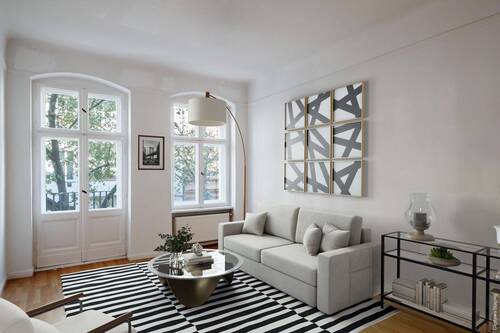 Digitales Staging Wohnzimmer mit französischem Balkon - Mitten in Berlin - zentral gelegene 3-Zimmer-Wohnung zwischen Weinbergspark, Rosenthaler Platz und Torstraße