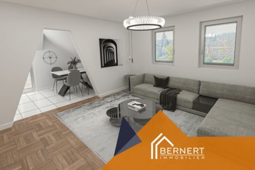 Wohnzimmer visualisiert. - Erstbezug! 2 Zimmer DG Wohnung mit Balkon und Blick auf die Veste in Coburg City