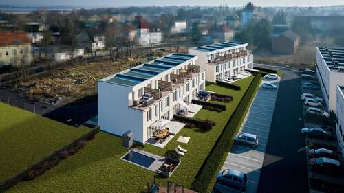 Luftbild Hinteransicht - Exklusives Reihenendhaus - Ihr neues Zuhause mit Dachterrasse & Garten!