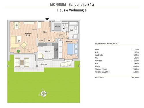 Grundriss Monheim Whg 4.1 - 2-Zimmer-Wohnung mit großem Süd-Garten am Greisbach