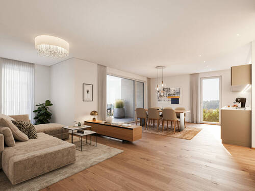 Modern eingerichteter Wohn- und Essbereich mit beigefarbenem Sofa, Holzboden und Zugang zu einem Balkon. - 2 Zimmer Etagenwohnung zum Kaufen in Kempten (Allgäu)