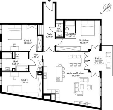 Professionell geplantes Raumkonzept mit ca. 140,03qm WFL, Balkon zu 1/2 in die WFL eingerechnet - 
