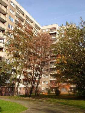 Außenansicht des mehrgeschoßigen Wohnhauses mit Balkonen - Hübsche Familienwohnung in Brückenhof